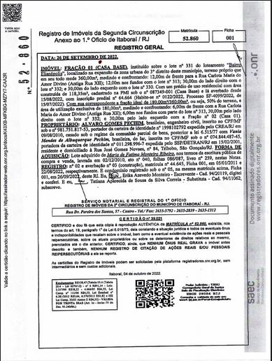Documento de registro de imóvel, contendo informações sobre propriedade e condições legais do imóvel.